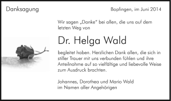Traueranzeige von Helga Wald von Schwäbische Post