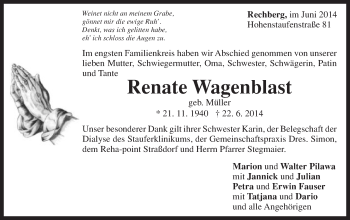 Traueranzeige von Renate Wagenblast von Gmünder Tagespost