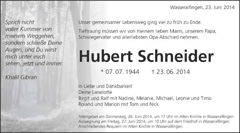  Traueranzeige für Hubert Schneider vom 25.06.2014 aus Schwäbische Post