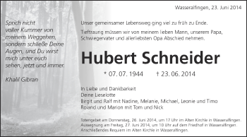 Traueranzeige von Hubert Schneider von Schwäbische Post