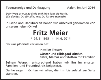 Traueranzeige von Fritz Maier von Schwäbische Post