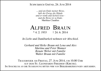 Traueranzeige von Alfred Braun von Gmünder Tagespost