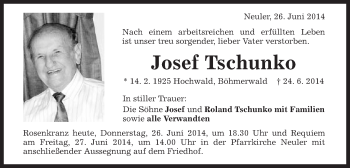 Traueranzeige von Josef Tschunko von Schwäbische Post