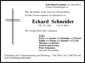 Traueranzeige von Eckard Schneider von Gmünder Tagespost
