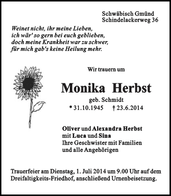Traueranzeige von Monika Herbst von Gmünder Tagespost