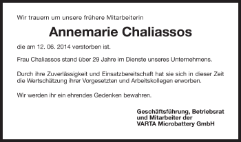 Traueranzeige von Annemarie Chaliassos von Schwäbische Post