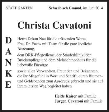 Traueranzeige von Christa Cavatoni von Gmünder Tagespost