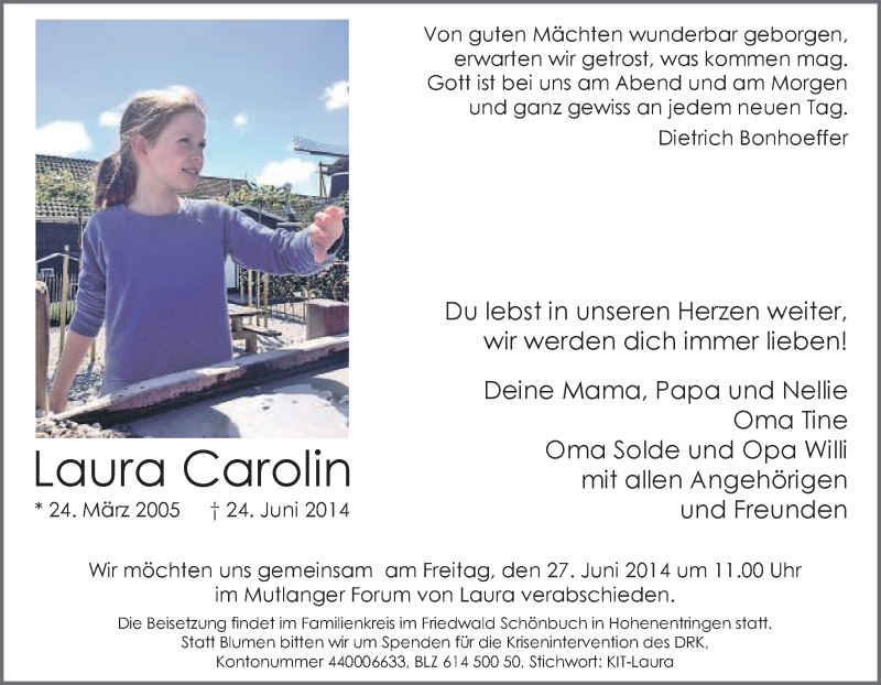  Traueranzeige für Laura Carolin  vom 26.06.2014 aus Gmünder Tagespost