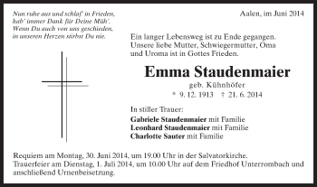 Traueranzeige von Emma Staudenmaier von Schwäbische Post