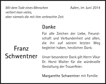 Traueranzeige von Franz Schwentner von Schwäbische Post