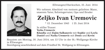Traueranzeige von Zeljko Ivan Uremovic von Schwäbische Post