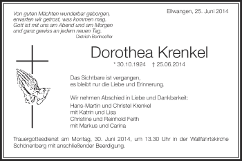 Traueranzeige von Dorothea Krenkel von Schwäbische Post