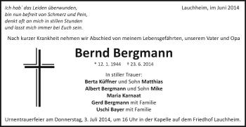 Traueranzeige von Bernd Bergmann von Schwäbische Post