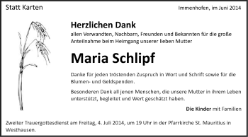Traueranzeige von Maria Schlipf von Schwäbische Post