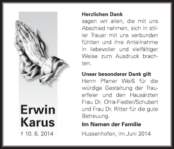 Traueranzeige von Erwin Karus von Gmünder Tagespost
