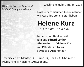 Traueranzeige von Helene Kurz von Schwäbische Post