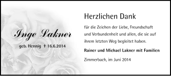 Traueranzeige von Inge Lakner von Gmünder Tagespost
