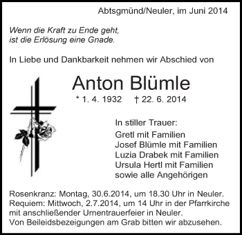 Traueranzeige von Anton Blümle von Schwäbische Post
