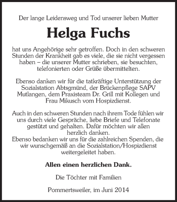 Traueranzeige von Helga Fuchs von Schwäbische Post