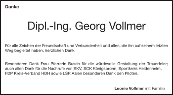 Traueranzeige von Georg Vollmer von Schwäbische Post