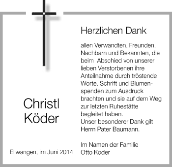 Traueranzeige von Christl Köder von Schwäbische Post