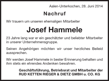 Traueranzeige von Josef Hammele von Schwäbische Post