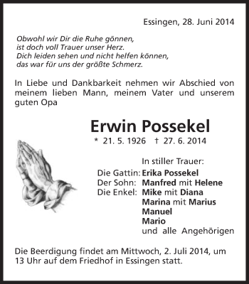 Traueranzeige von Erwin Possekel von Schwäbische Post