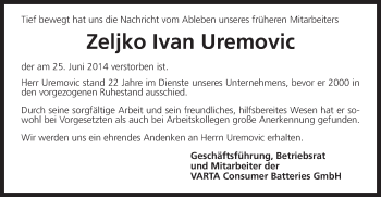 Traueranzeige von Zeljko Ivan Uremovic von Schwäbische Post