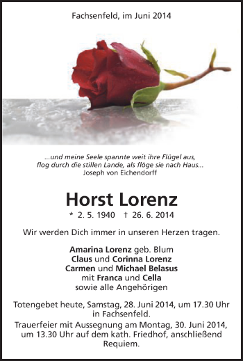 Traueranzeige von Horst Lorenz von Schwäbische Post