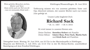 Traueranzeige von Richard Sack von Schwäbische Post