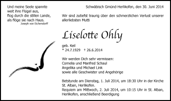 Traueranzeige von Liselotte Ohly von Gmünder Tagespost