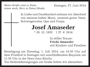 Traueranzeige von Josef Amaseder von Schwäbische Post