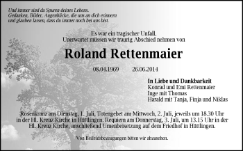 Traueranzeige von Roland Rettenmaier von Schwäbische Post