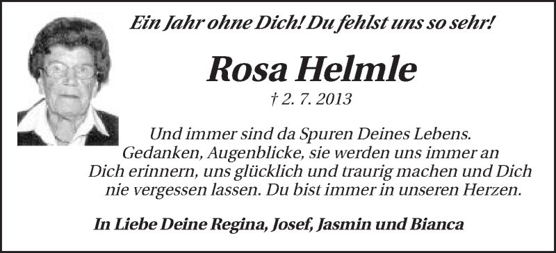  Traueranzeige für Rosa Helmle vom 02.07.2014 aus Schwäbische Post
