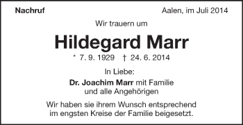 Traueranzeige von Hildegard Marr von Schwäbische Post