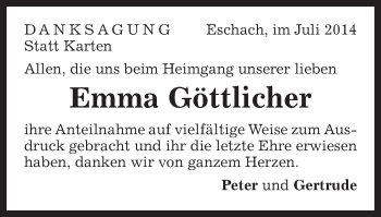 Traueranzeige von Emma Göttlicher von Gmünder Tagespost