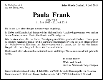 Traueranzeige von Paula Frank von Gmünder Tagespost