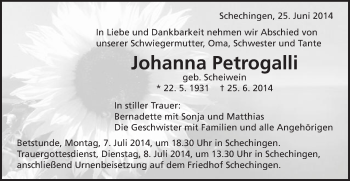 Traueranzeige von Johanna Petrogalli von Gmünder Tagespost