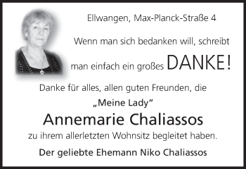 Traueranzeige von Annemarie Chaliassos von Schwäbische Post