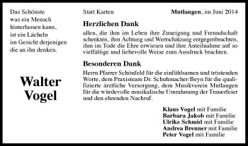 Traueranzeige von Walter Vogel von Gmünder Tagespost