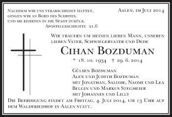 Traueranzeige von Cihan Bozduman von Schwäbische Post