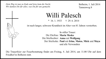 Traueranzeige von Willi Palesch von Gmünder Tagespost