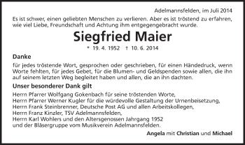 Traueranzeige von Siegfried Maier von Schwäbische Post