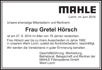 Traueranzeige von Gretel Hörsch von Gmünder Tagespost
