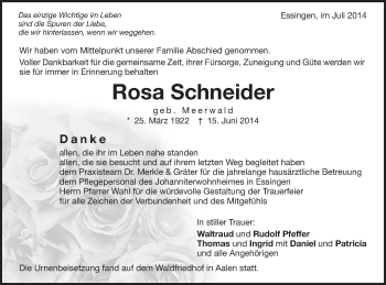 Traueranzeige von Rosa Schneider von Schwäbische Post