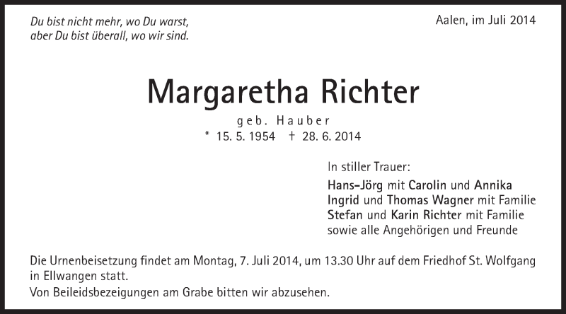  Traueranzeige für Margaretha Richter vom 02.07.2014 aus Schwäbische Post