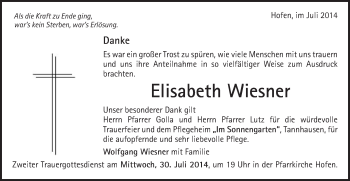 Traueranzeige von Elisabeth Wiesner von Schwäbische Post