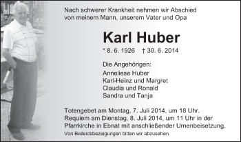 Traueranzeige von Karl Huber von Schwäbische Post