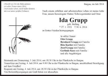 Traueranzeige von Ida Grupp von Gmünder Tagespost