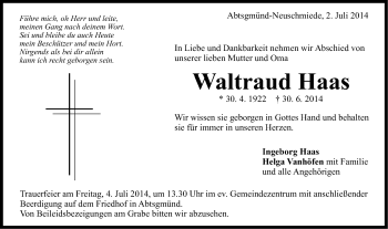 Traueranzeige von Waltraud Haas von Schwäbische Post